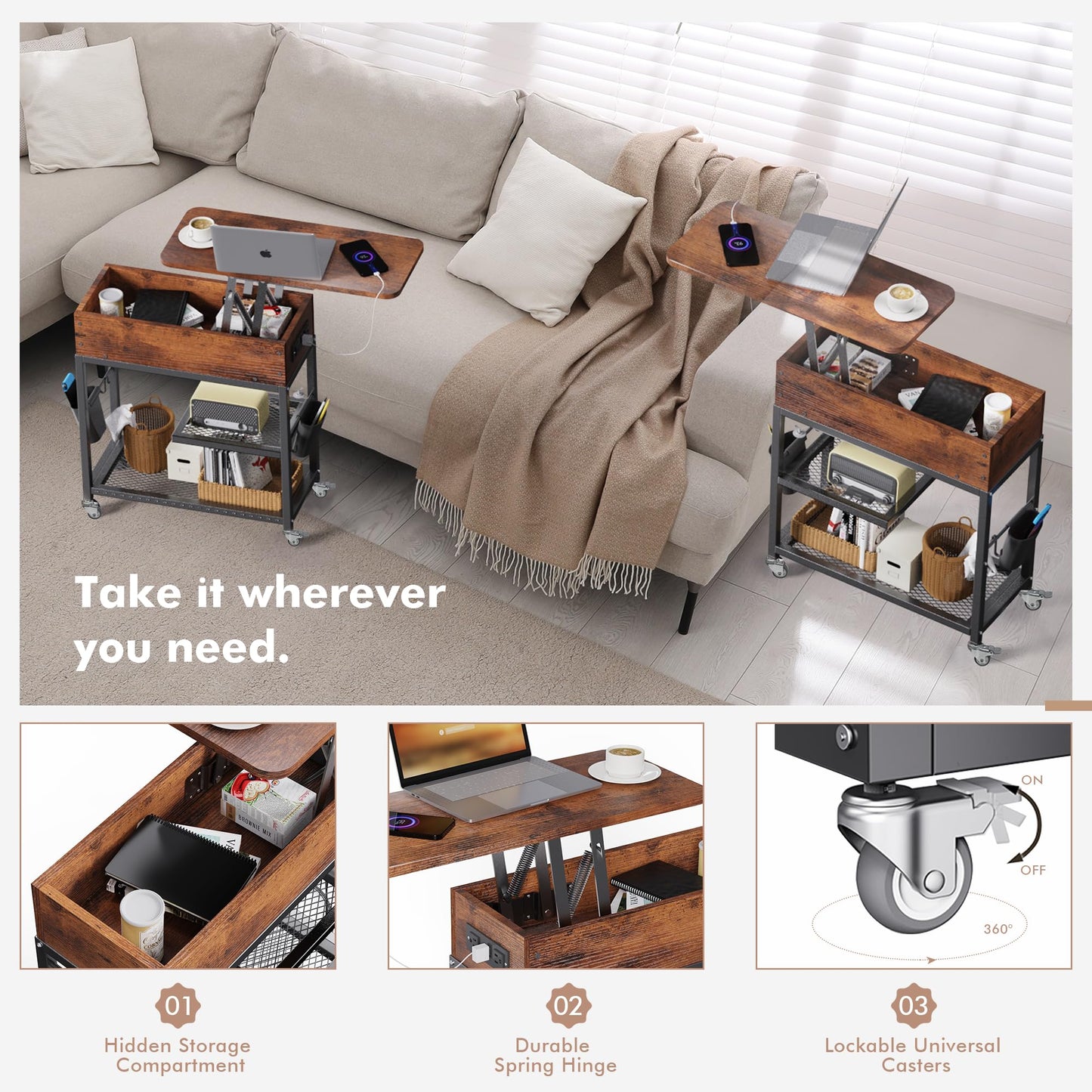 Colima Lift-Top Side Table with Charging Station - Mobile End Table with USB Ports & AC Outlets, Hidden Storage, Wheels - Rustic Wood Nightstand for Living Room, Bedroom, Office
