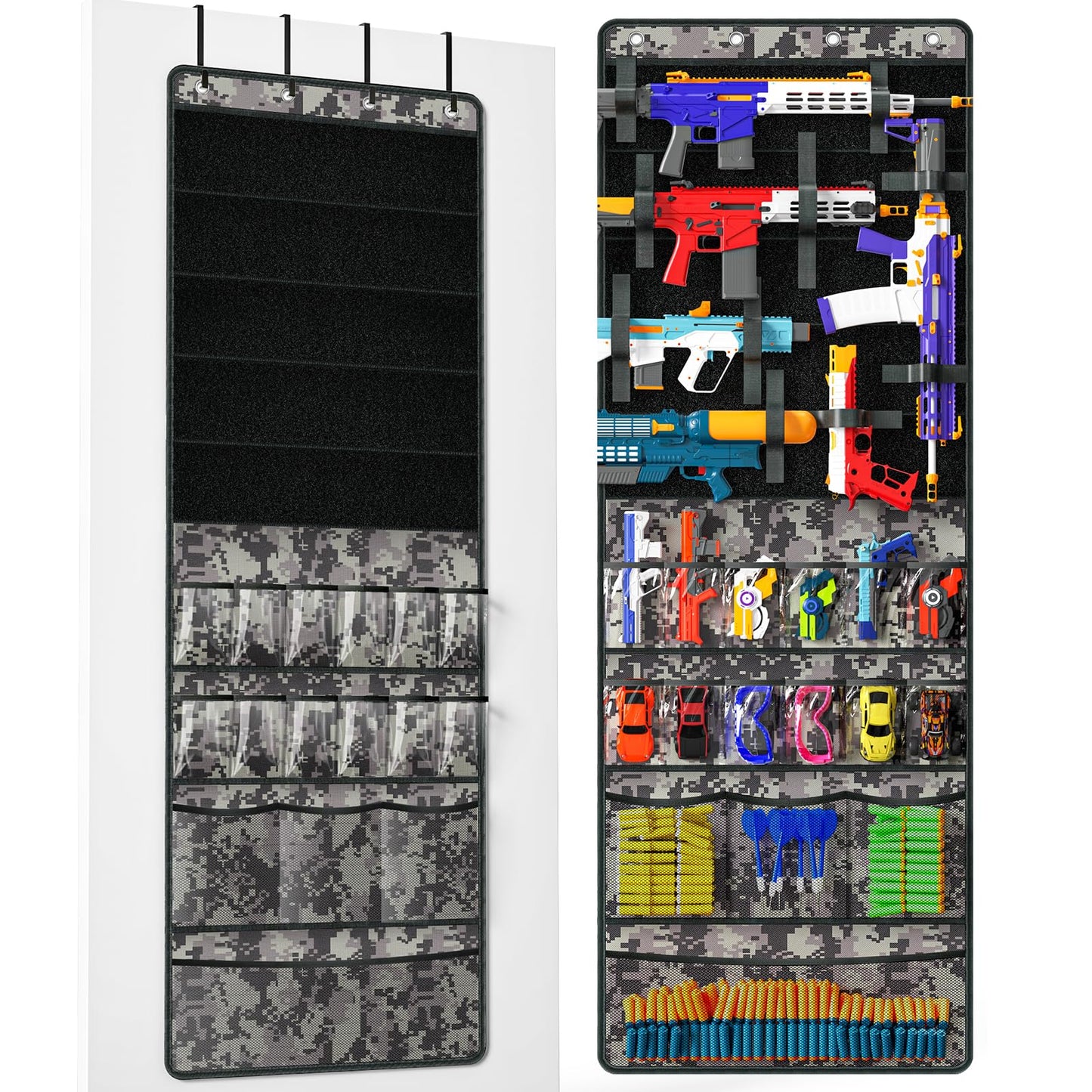 Over The Door Organizer for Toy Guns, Toys Organizer with Pockets, Hook&Loop Straps for Foam Blasters, Darts, Goggles, Hanging Toys Gun Storage for Kid Rooms, Play rooms, Grey Camouflage