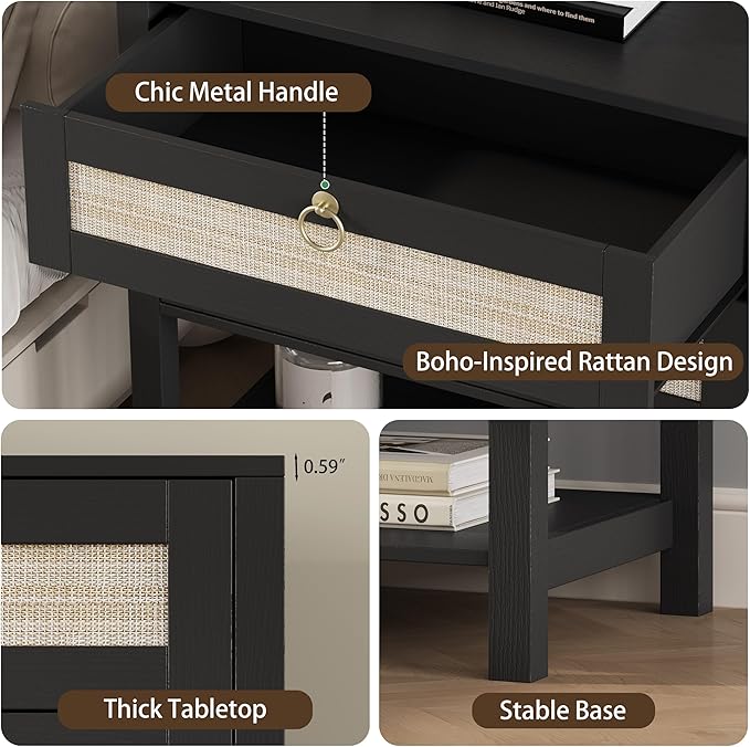 Xixini Nightstand Set of 2, Rattan Boho Bedside Table