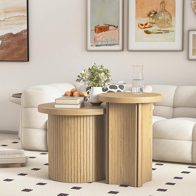 Set of 2 Nesting Coffee Tables Farmhouse, Round Coffee Tables Living Room