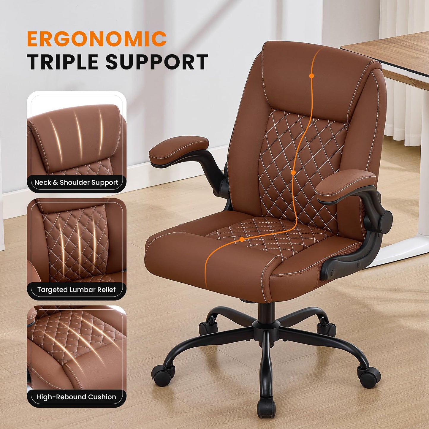 Leather Office Chair, 300lbs Heavy Duty Mid-Back Desk Chairs with Flip-up Armrests, Space-Saving Swivel Task Chair with Wheels, Adjustable Height and Ergonomic Back Support, Brown