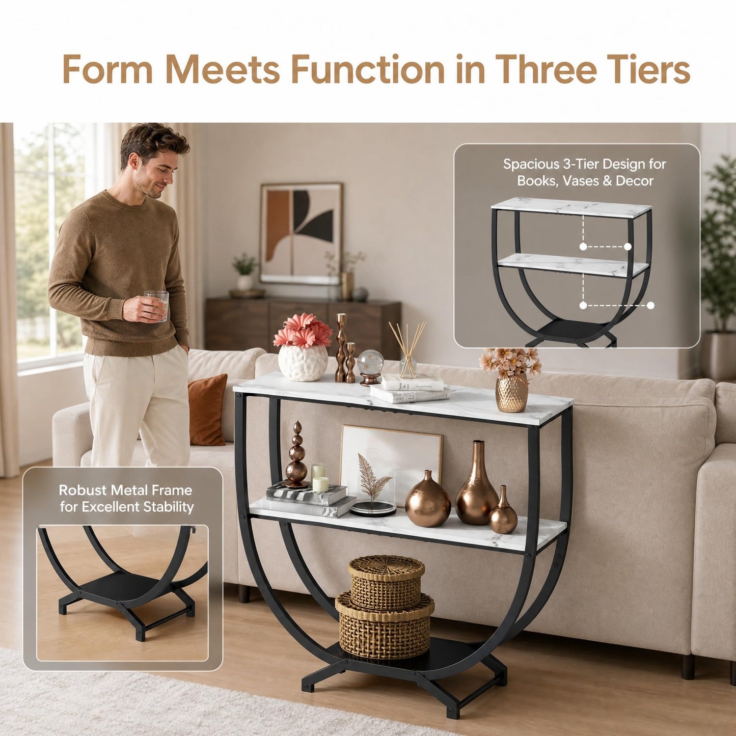 GILLAS 3 Tier Console Tables, 30" Height Entryway Table, Sofa Table Behind Couch Table, Industrial Entryway Furniture Entry Way Table with Storage for Living Room, Hallway, Entrance, White