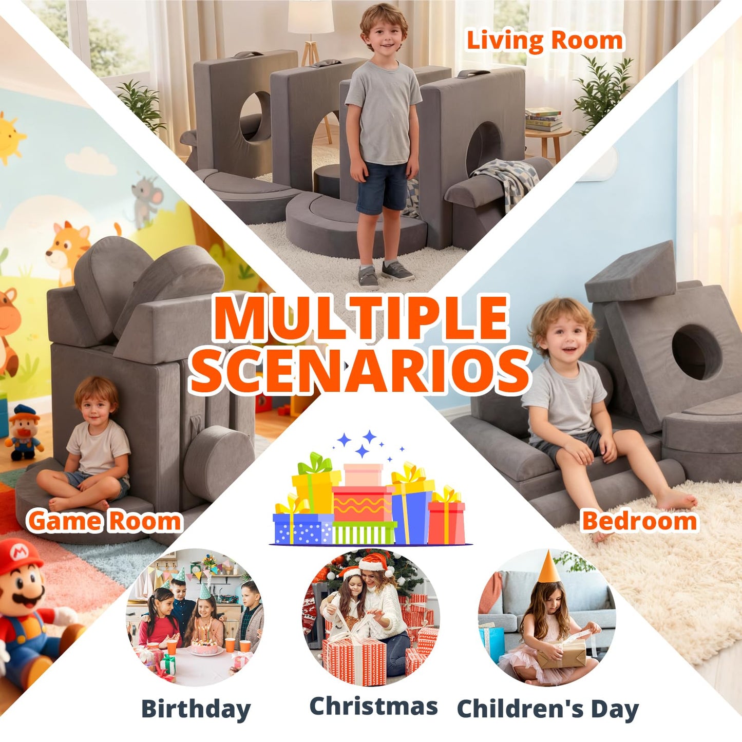 Fvkind 16pcs Modular Kids Play Couch, Kids Couch Building Fort for Playroom and Bedroom, Toddler Modular Play Sofa, Convertible Foam Sofa for Boys and Girls, Grey