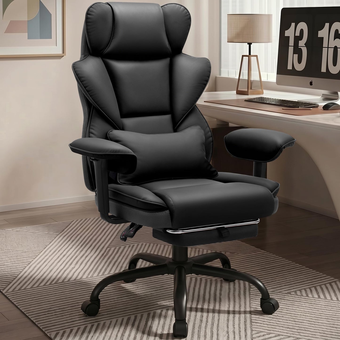 Stella Mia Big and Tall Office Chair with Foot Rest, Desk Chair with Soft Adjustable Armrests, Ergonomic High Back Gaming Chair with Lumbar Support, Executive Computer Chairs (PU Leather, Deep Black)