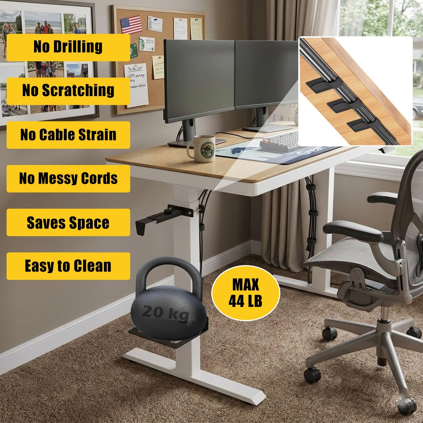 Under Desk PC Mount for Standing Desk, No Drilling Clamp-On CPU Holder with 10 Cable Clips, Heavy Duty Adjustable Computer Tower Stand Fits Most PC Cases up to 44lbs, Universal Gaming Desk Mount