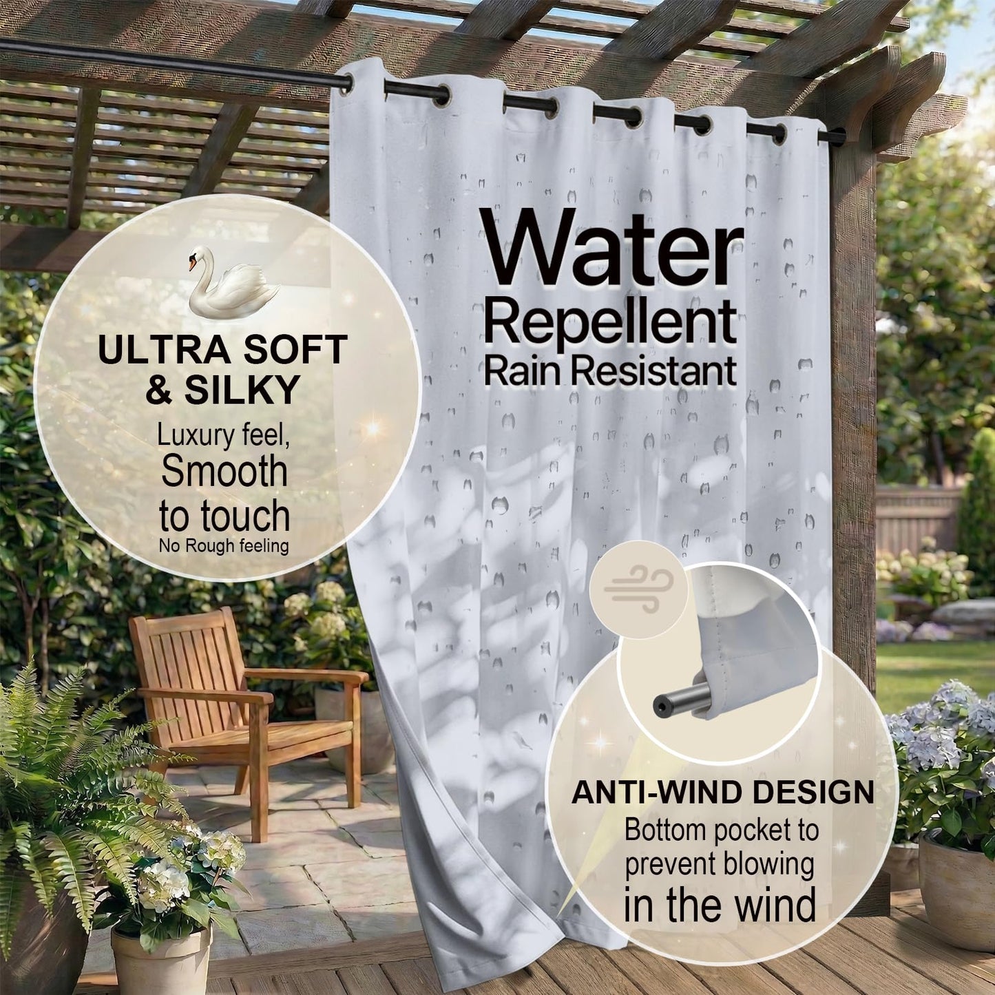 Water Proof Outside Curtains with Grommet Top for Porch, W84 x L95 Thermal Insulated Washable Light Block Outdoor Divider Drapes for Patio Gazebo Deck Pool Area Pergola Cabana (2 Panels)