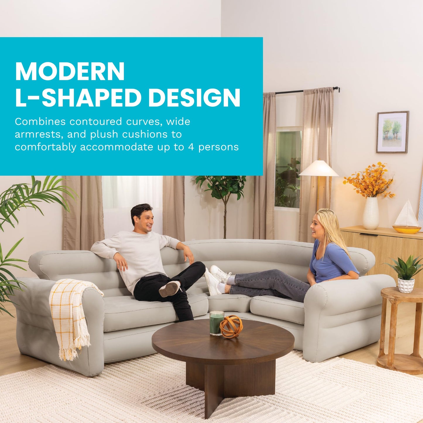 Intex Inflatable Corner Sofa, L-Shaped Couch with 880 lb. Weight Capacity, 2-in-1 Valve for Easy Indoor Setup, 101" x 80" x 30”