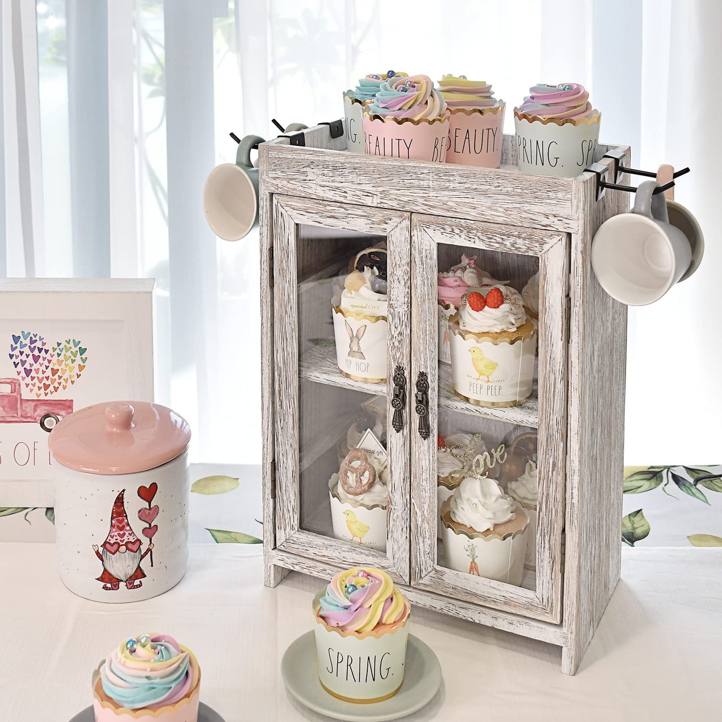 Ikee Design Wooden Countertop Storage Cabinet. Customizable Organizer with Adjustable Shelves, Glass Window Door and Removable Metal Hook. Perfect for Kitchen, Vanity, or Bathroom. Antique White
