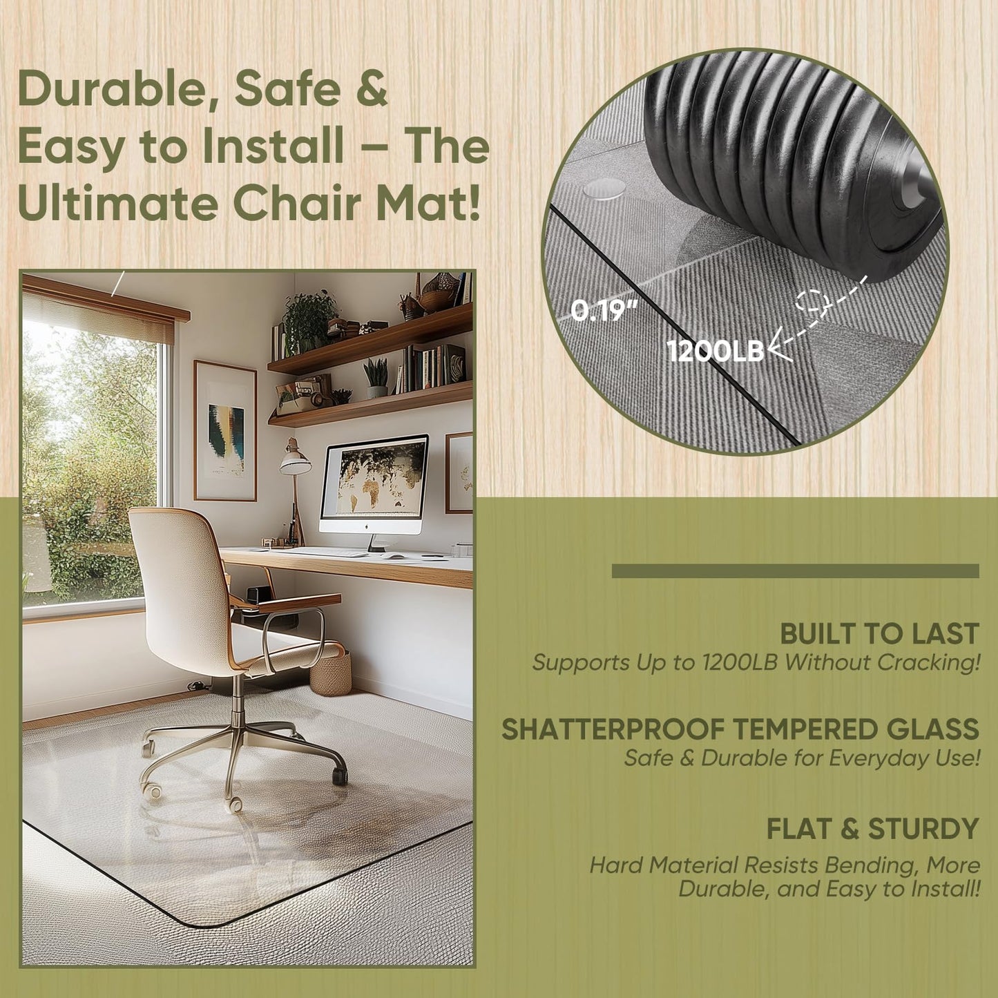 Furnbar Office Chair Mat for Carpet & Hardwood, Upgraded 45" x 45" Tempered Glass Chair Mat for Office Home, with 4 Anti-Slip Pads