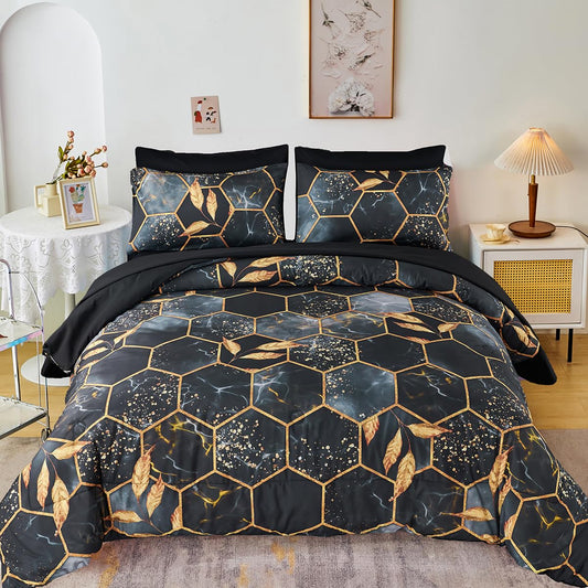 ZRNBAST Hexagon Black and Gold Comforter Set Queen Size - 7 Pieces Geometric Bedding with Sheets, Gold Trim Honeycomb Print Bed in A Bag(Black, Queen)