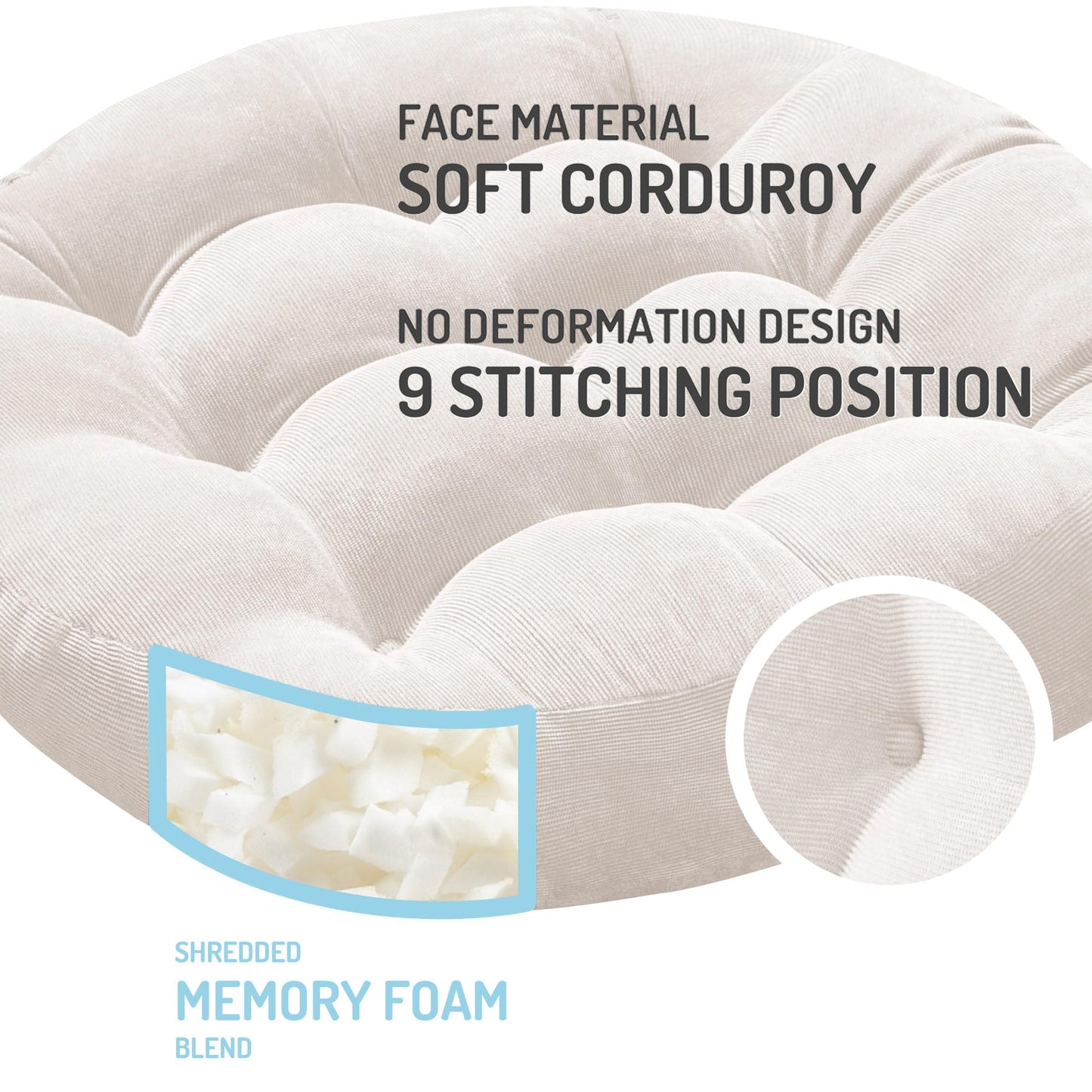 Degrees of Comfort Meditation Floor Pillow, Round Large Pillows Seating for Adults, Tufted Corduroy Cushion for Living Room Tatami, Beige 22 Inch