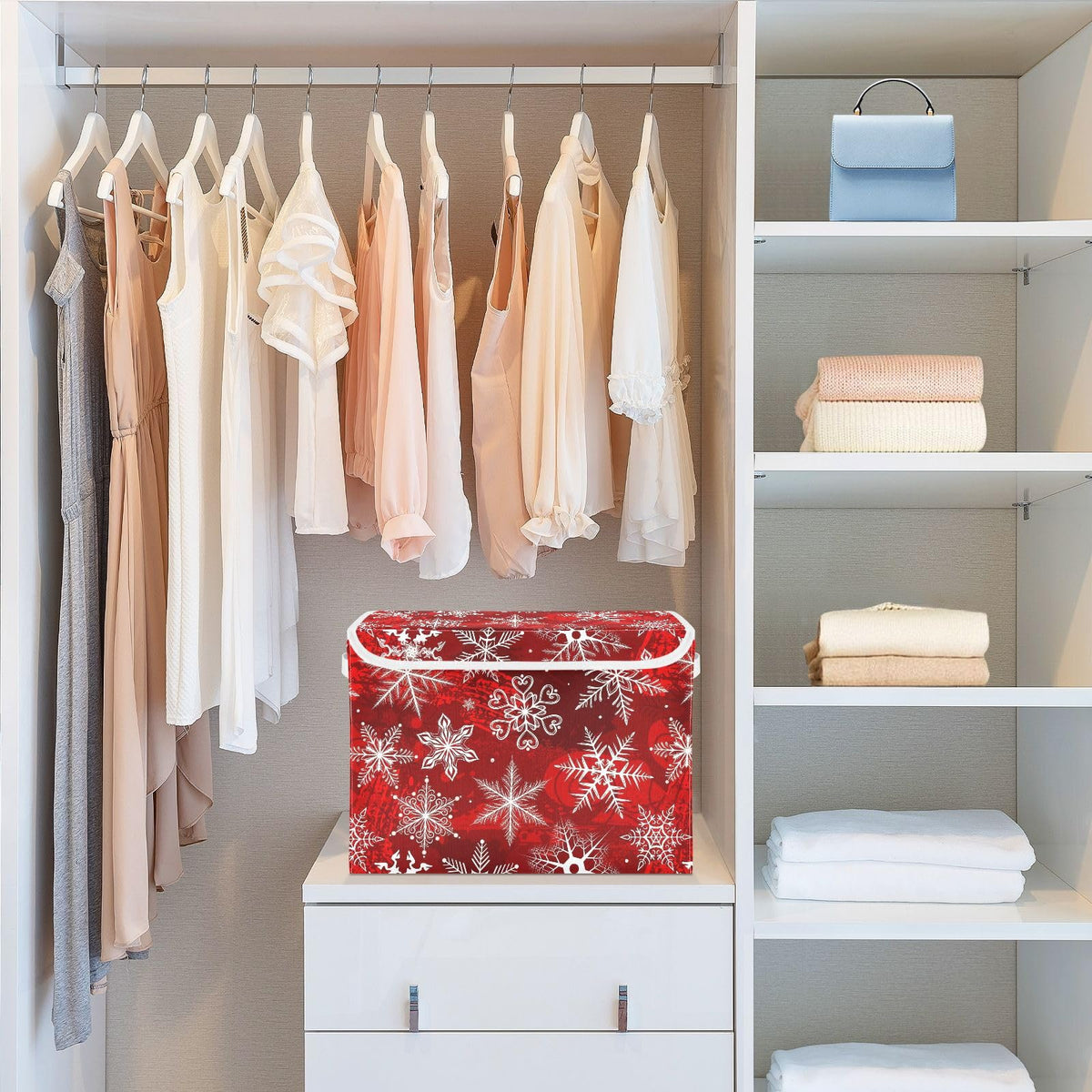 senya Christmas Baskets Collapsible Storage Bins with Lids, Christmas Red Pattern with Snowflakes Flower Storage Boxes Clothes Baskets for Organizing