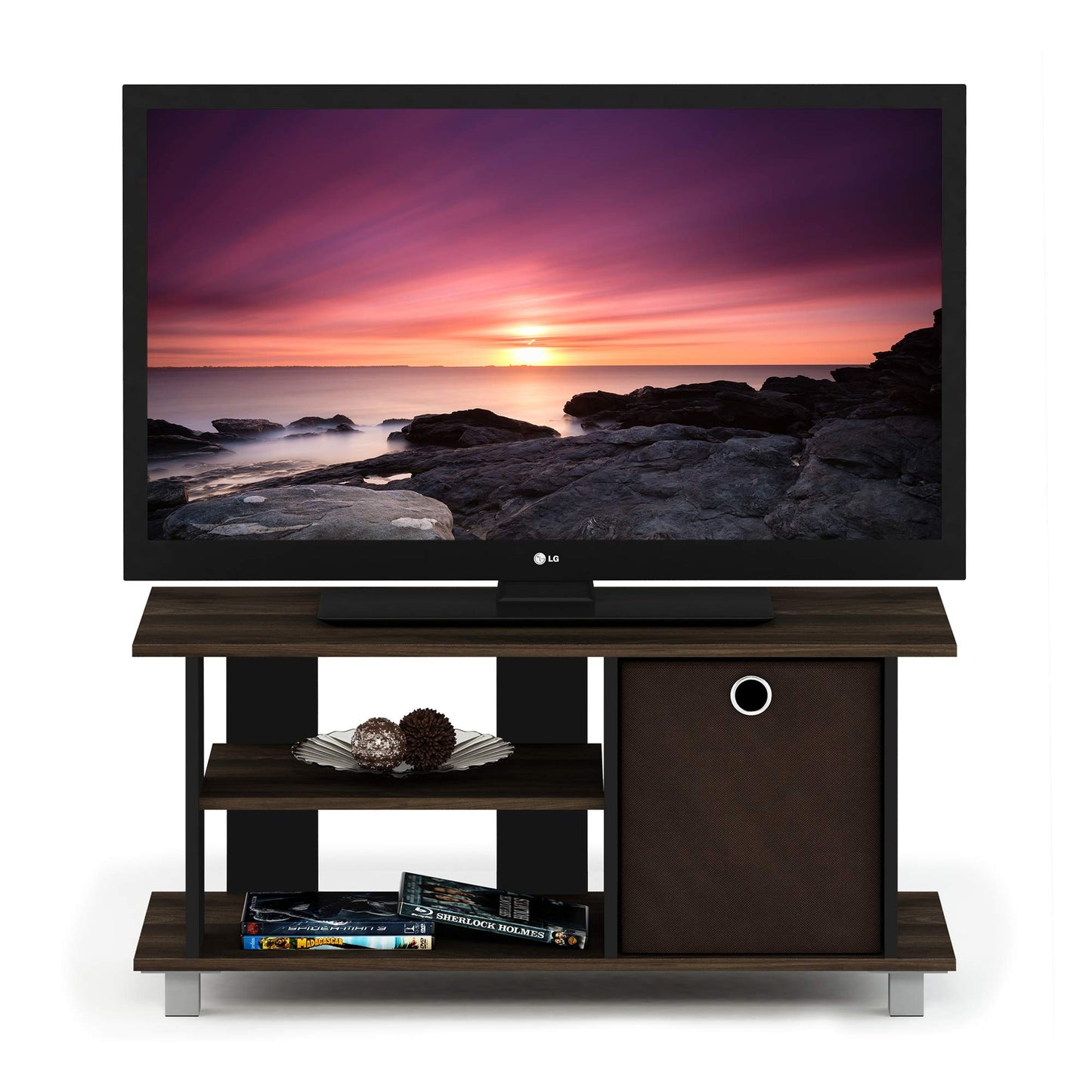 Furinno SIMPLISTIC TV Stand, 3-Tier Entertainment Center, Open Shelf TV Console for TV up to 33 Inch with Bin Drawers, for Living Room, Bedroom, Columbia Walnut
