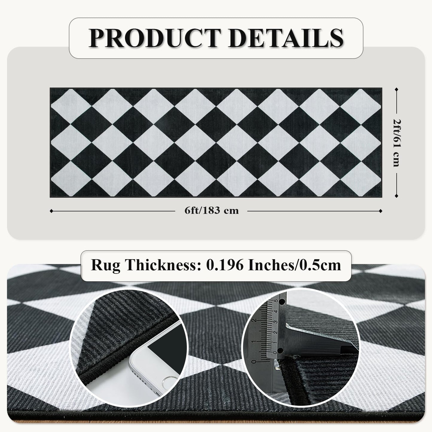 Beeiva Checkered Print Black Bathroom Runner Rug 2x6, Washable Ultra Thin Non Slip Laundry Room Rug Moroccan Stain Resistant Kitchen Runner, Modern Trellis Carpet for Hallway Bedroom Entryway Decor
