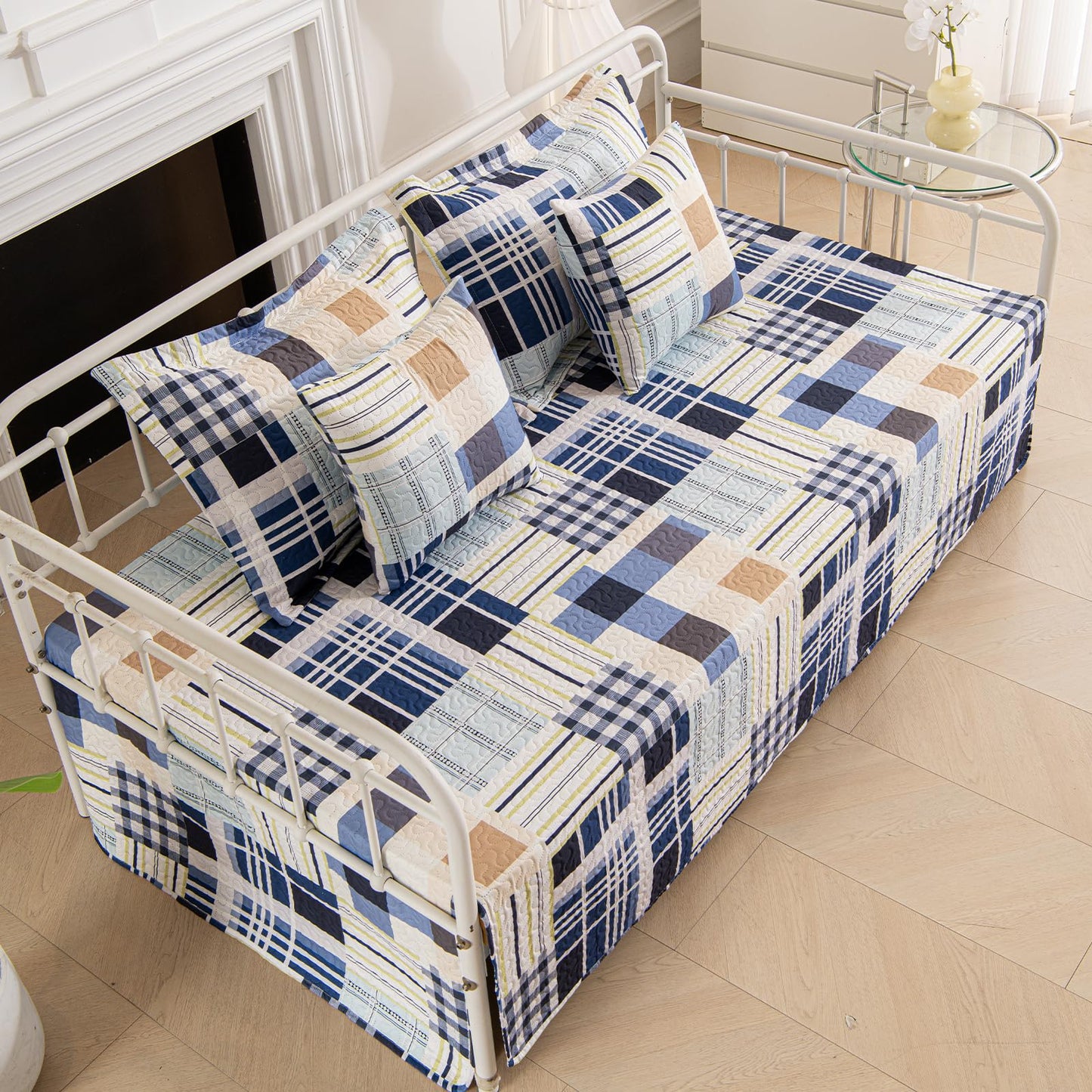 Feyocn 5-Piece Plaid Daybed Cover Set Twin Cozy Daybed Bedding Comforter Bedspread Sets for All Season Lightweight Plaid Day Bed Cover for Twin Bed with 4 Pillow Shams,39"x75"