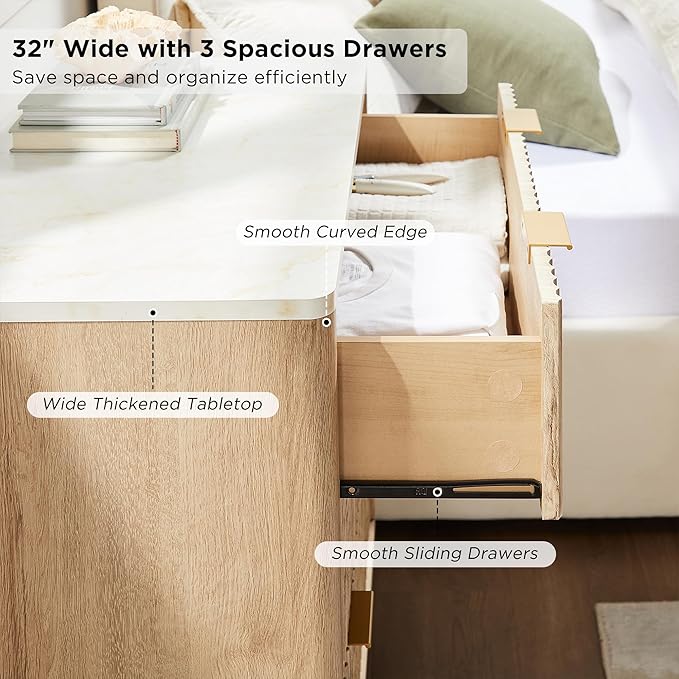 T4TREAM Fluted 3 Drawers Nightstand, Oversized Extra Large Modern Side Table