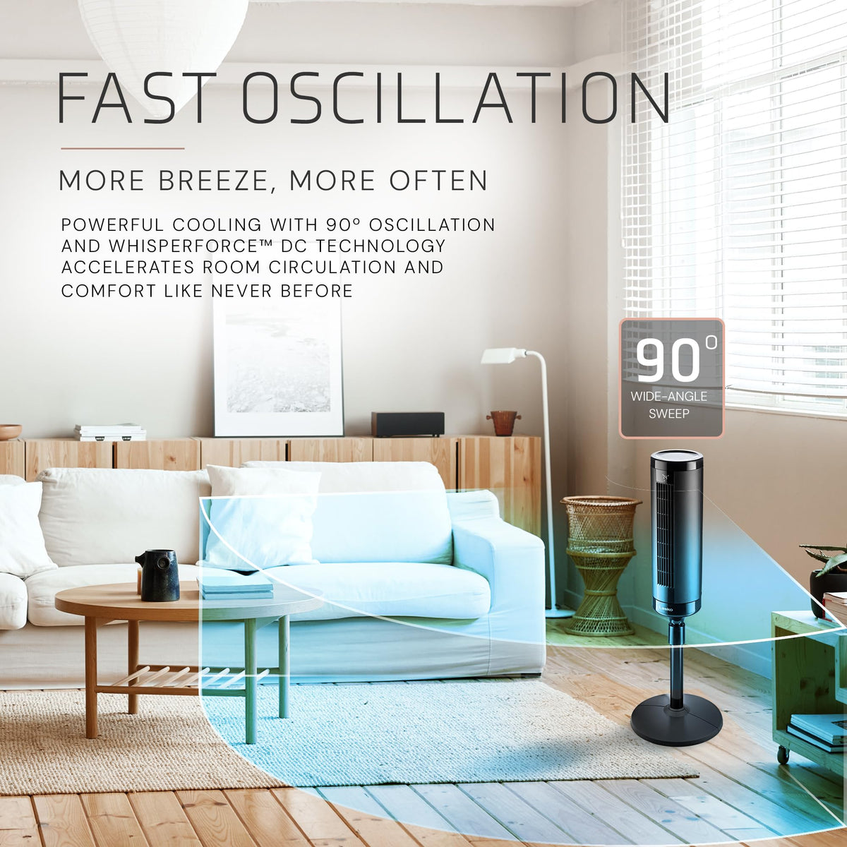 Lasko Elevation Adjustable Tower Fan 42”-54”, Pedestal Fan, 31 ft/s Airflow, Quiet 28 dB, 90° Oscillation, 12h Timer, Remote, Black, EST100