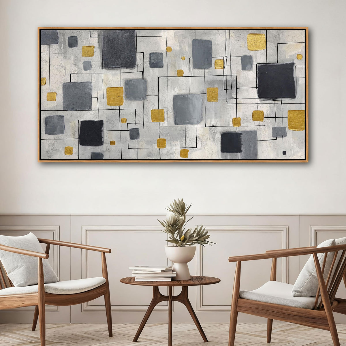 KLAKLA Neutral Decor Modern Abstract Wall Art Poster - Black Gold Gray for Living Room Bedroom Office Framed Minimalist Abstract Design 58x29 Inches