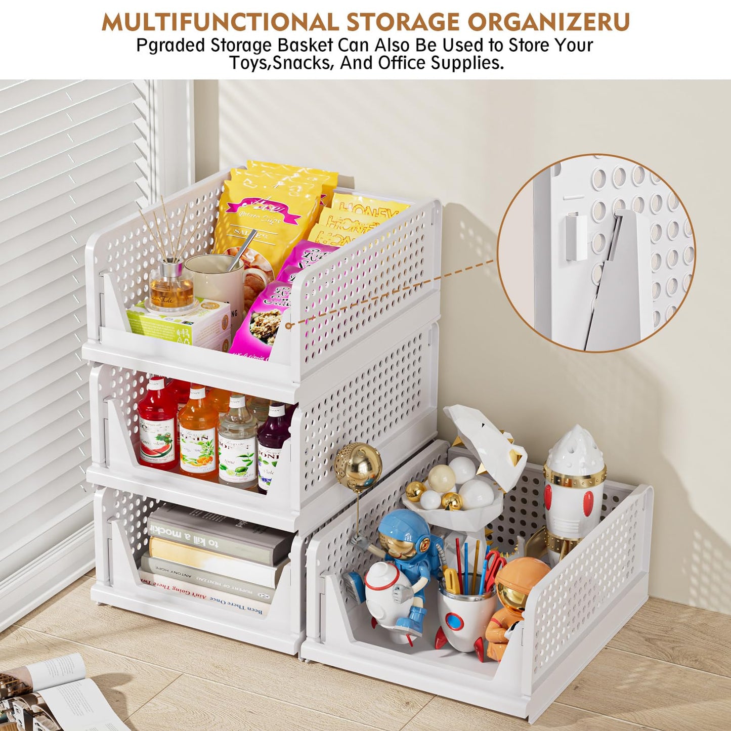 SNSLXH 5 Pack Stackable Closet Organizer Box, Multifunctional & Foldable Closet Storage Basket for Bathroom Kitchen Laundry Room Wardrobe Storage, Space-Saving Clothes Storage Drawer Organizer, Pink