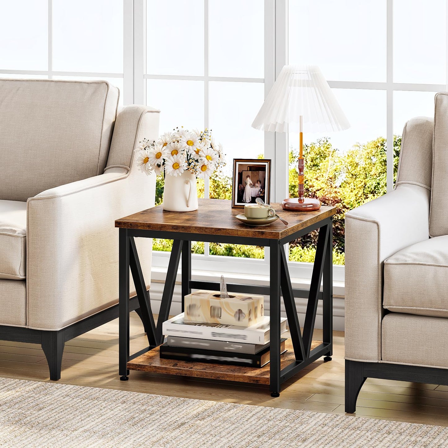 HOOBRO Mini Fridge Stand with 2-Tier Storage Shelf, 19.7” Square End Table, Mini Fridge Table with Wheels and Adjustable Feet, Sturdy Metal Frame for Living Room, Bedroom, Rustic Brown BF01BX01