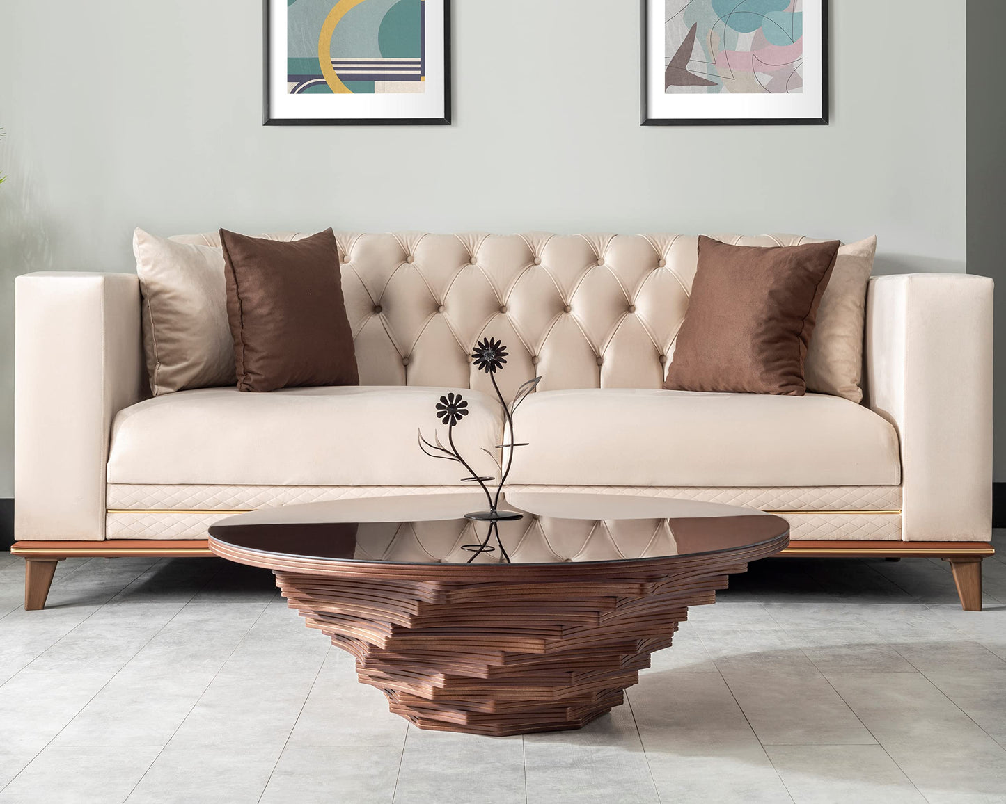 Papella Luxury Round Coffee Table – Sculptural Walnut Base with Smoked Glass Top – Mid-Century Modern Statement Piece for Elegant Interiors & Office Furniture