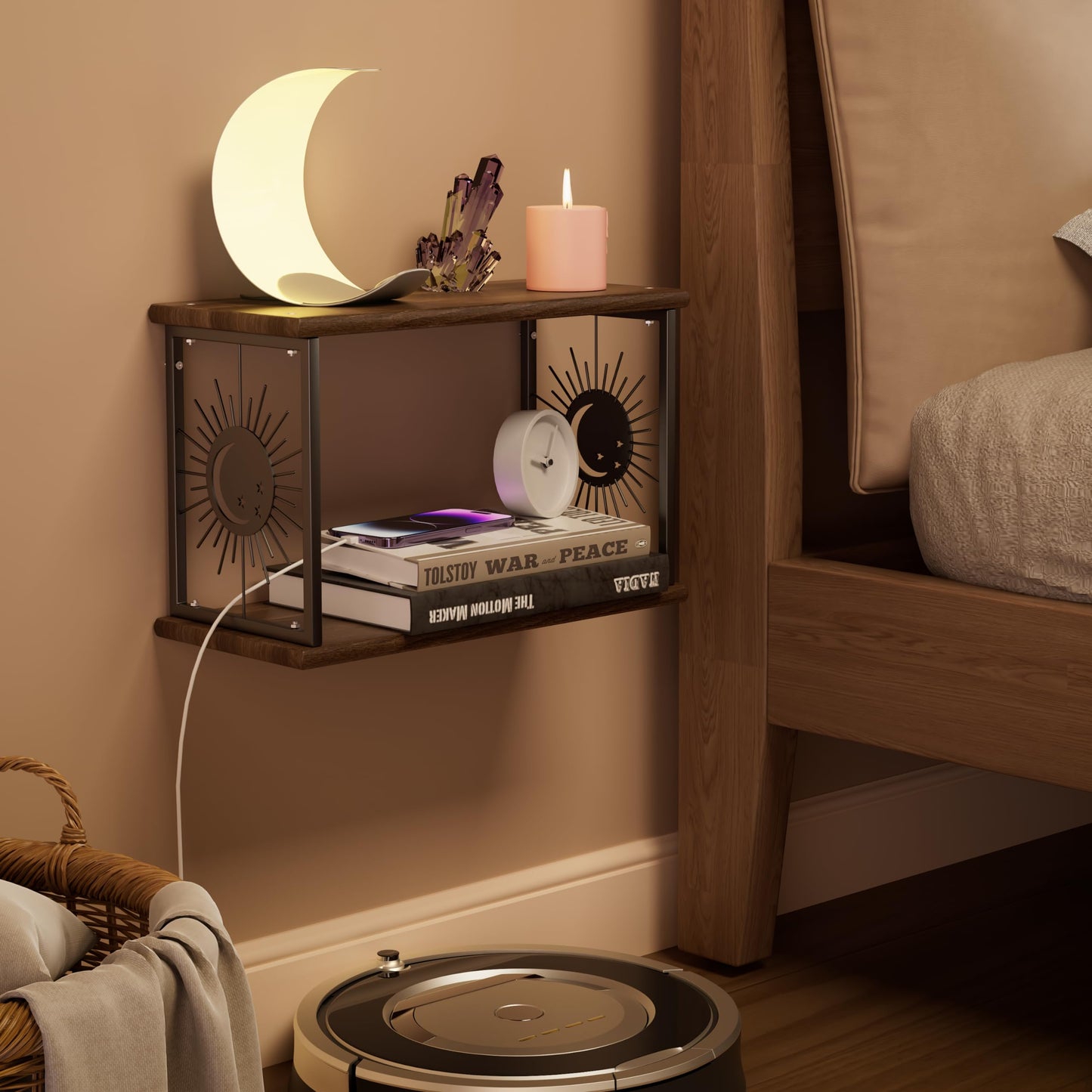 Apresolar Floating Nightstand Wall Mounted - Natural Solid Wood Night Stand, Bedside Table 2 Tier Shelf, Modern Metal Celestial Side Floating Shelves Decor for Living Room Bedroom