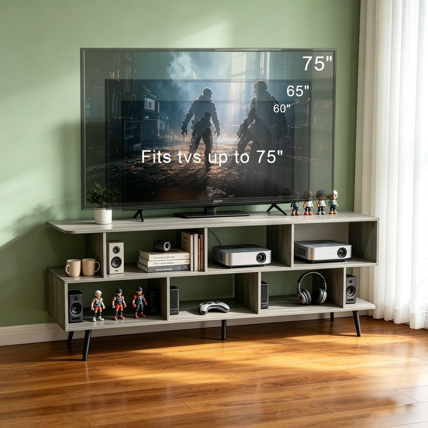 ACOHOOK 65" American Walnut TV Stand with Power Outlet,Large Media Console Table for TVs up to 75" with 8 Open Shelves,Entertainment Center for Living Room/Entrance/Kitchen/Sofa Cabinet,Easy Assembly
