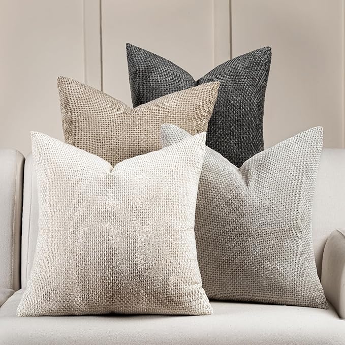 Volcanics Boho Throw Pillow Covers 18x18 Set of 4, Neutral Chenille Decorative