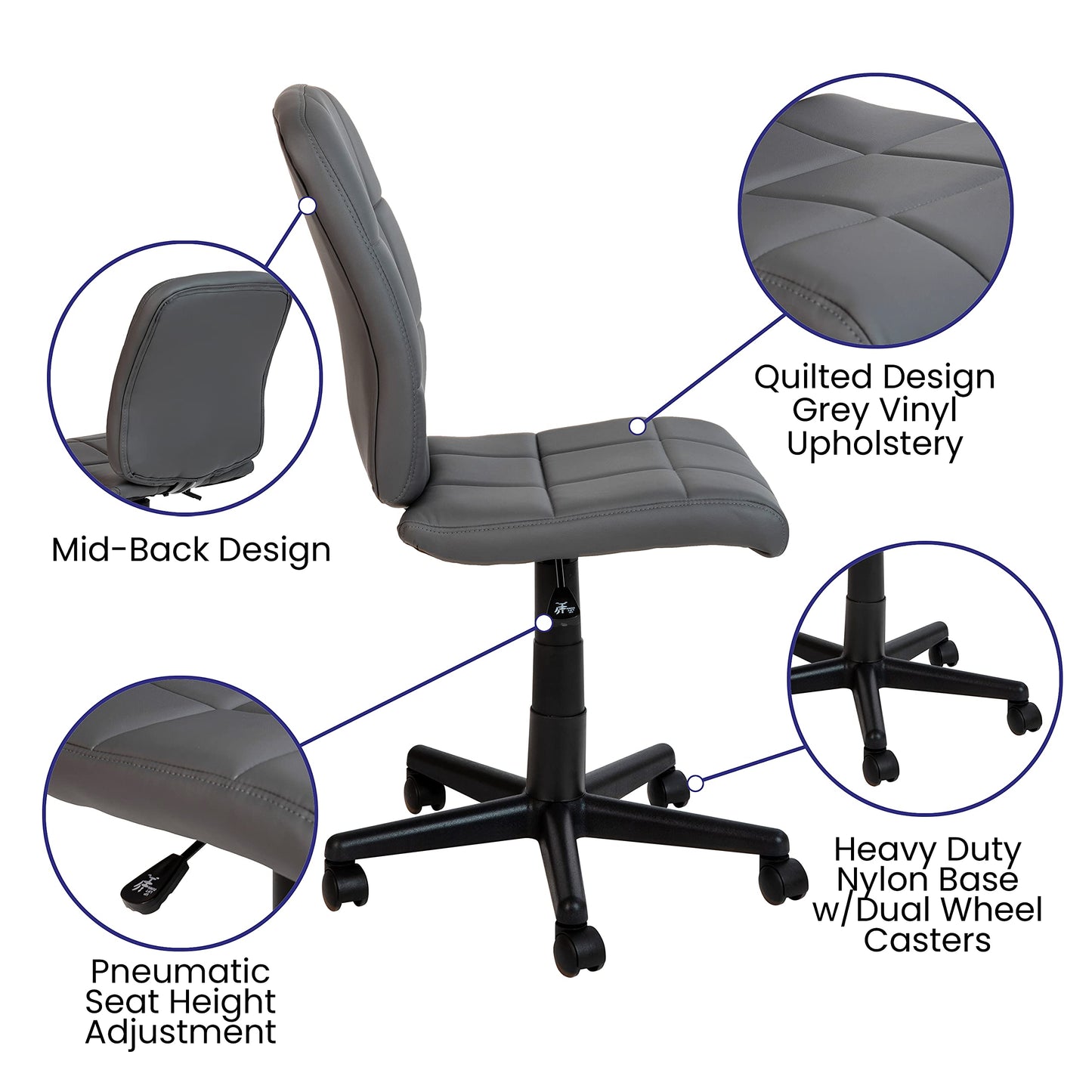 Flash Furniture Clayton Mid Back Swivel Task Chair - Gray Vinyl Upholstery - Tufted Back and 360° Swivel
