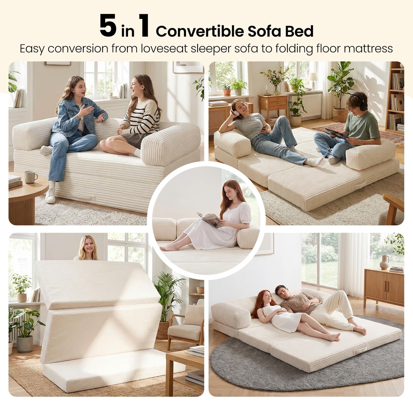 Erament Convertible Sofa Bed, Tri-Folding Mattress Queen with Removable Armrests & Washable Cover, Foldable Small Pull Out Couch Bed with High-Density Foam, Beige