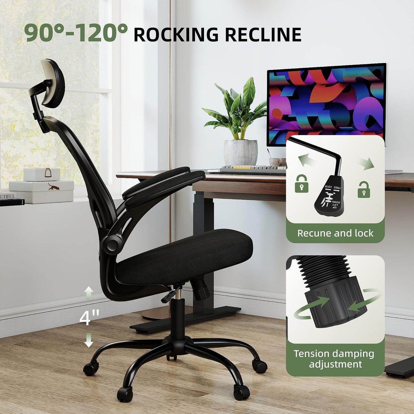 ralex-chair Ergonomic Office Chair with Adjustable Headrest & Lumbar Support, Computer Desk Chair with Flip-Up Armrests, Comfortable for Home, Office, Conference Room