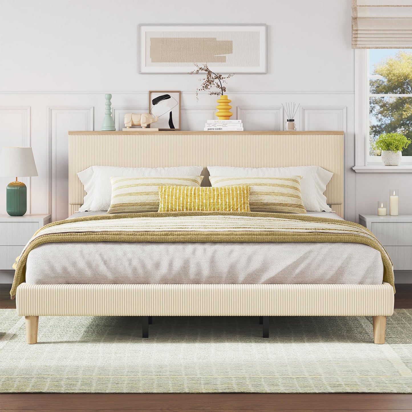 Bestier King Bed Frame with Adjustable Headboard & LEDLighting, Corduroy Upholstered Platform Bed Frame withStorage Shelf, Solid Wood Slats, No Box Spring Needed,Never Squeak, Easy Assembly, Beige