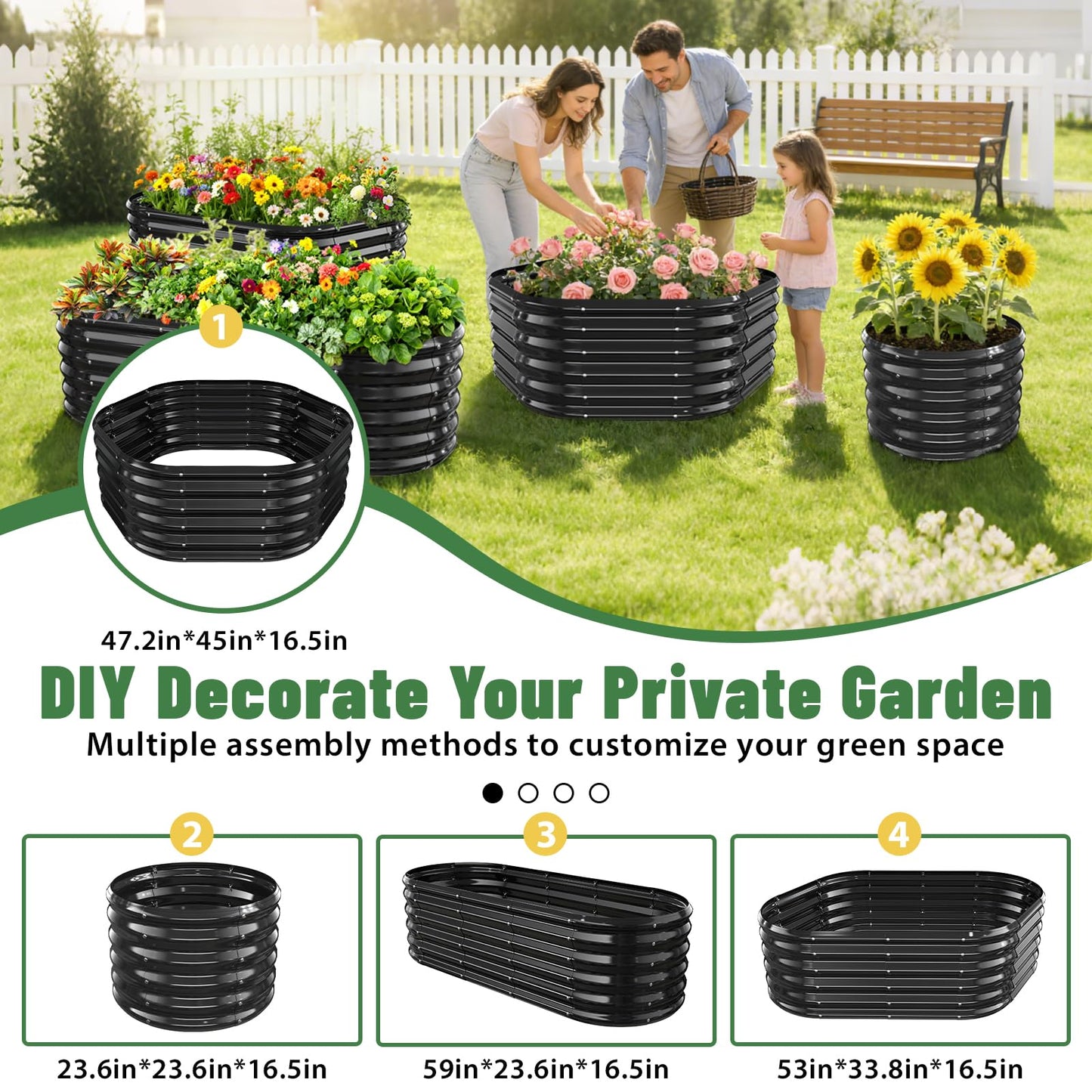 VAMFUTRE Hexagon Raised Garden Bed, 48 Inch Diagonal & 16.5 Inch Tall, Galvanized Steel Planter Box with Wave-Shaped Metal Panels for Outdoor Flower,Tree,Herb & Vegetable Garden (Black, 4FT X 1.5FT)