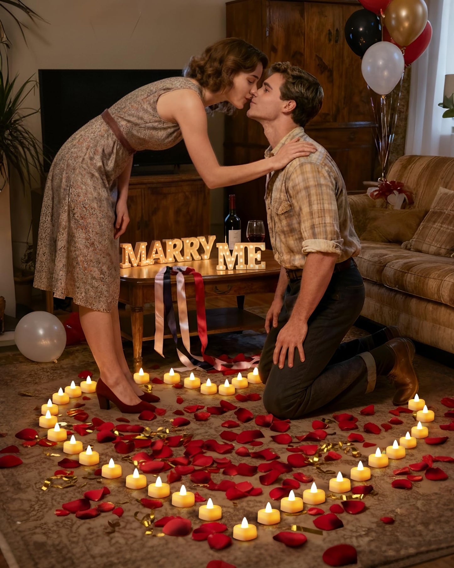 Amagic 4000 Pieces Artificial Rose Petals with 50 Heart LED Tea Lights Candles Kit, Rose Petals and Candles Set for Proposal, Anniversary, Special Romantic Night, Wedding Table Decor