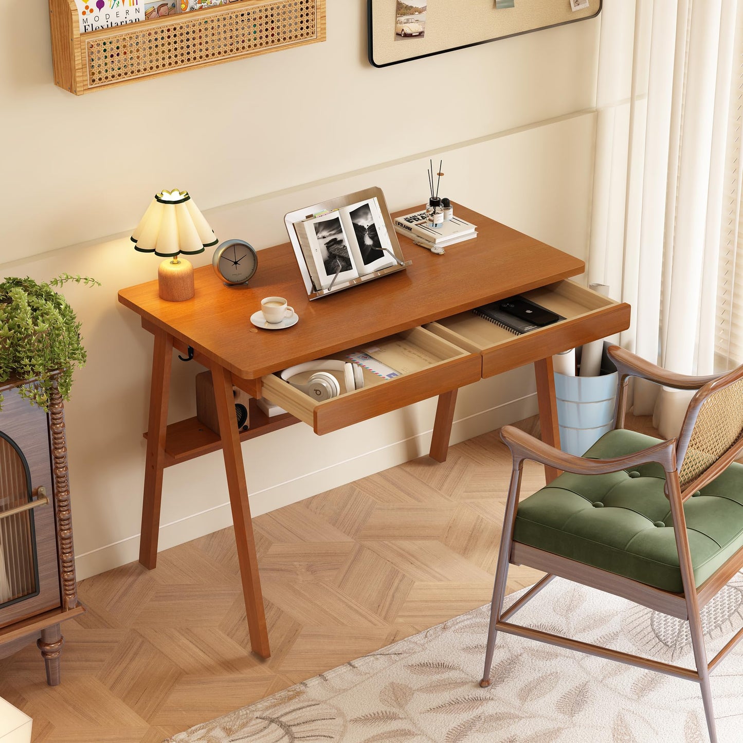 ENPKLUTE Solid Wood Desk with Drawers - 39.4 Inch Mid Century Modern Desks with Storage Shelf, Small Writing Desk for Small Spaces, Home Office Desks for Bedroom & Home, Walnut Color