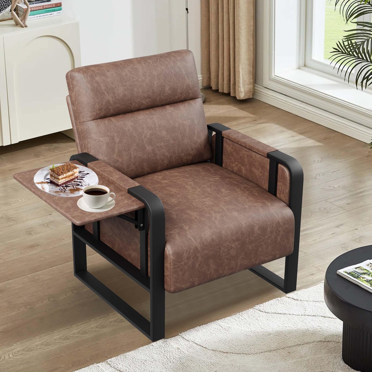 Apeaka PU Leather Accent Chair with Foldable Table, Modern Upholstered Armchair for Living Room Bedroom Office Side Chairs Dark Brown