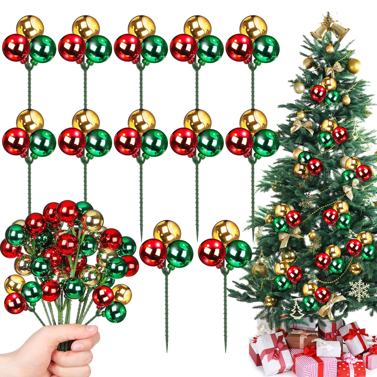 Syhood 12 Set 7.9 Inch Christmas Ball Picks and Sprays Shatterproof Xmas Red Green Gold Ball Ornaments on Wired Picks for Christmas Tree Vase Wreath Stairs Garland Decoration Supplies