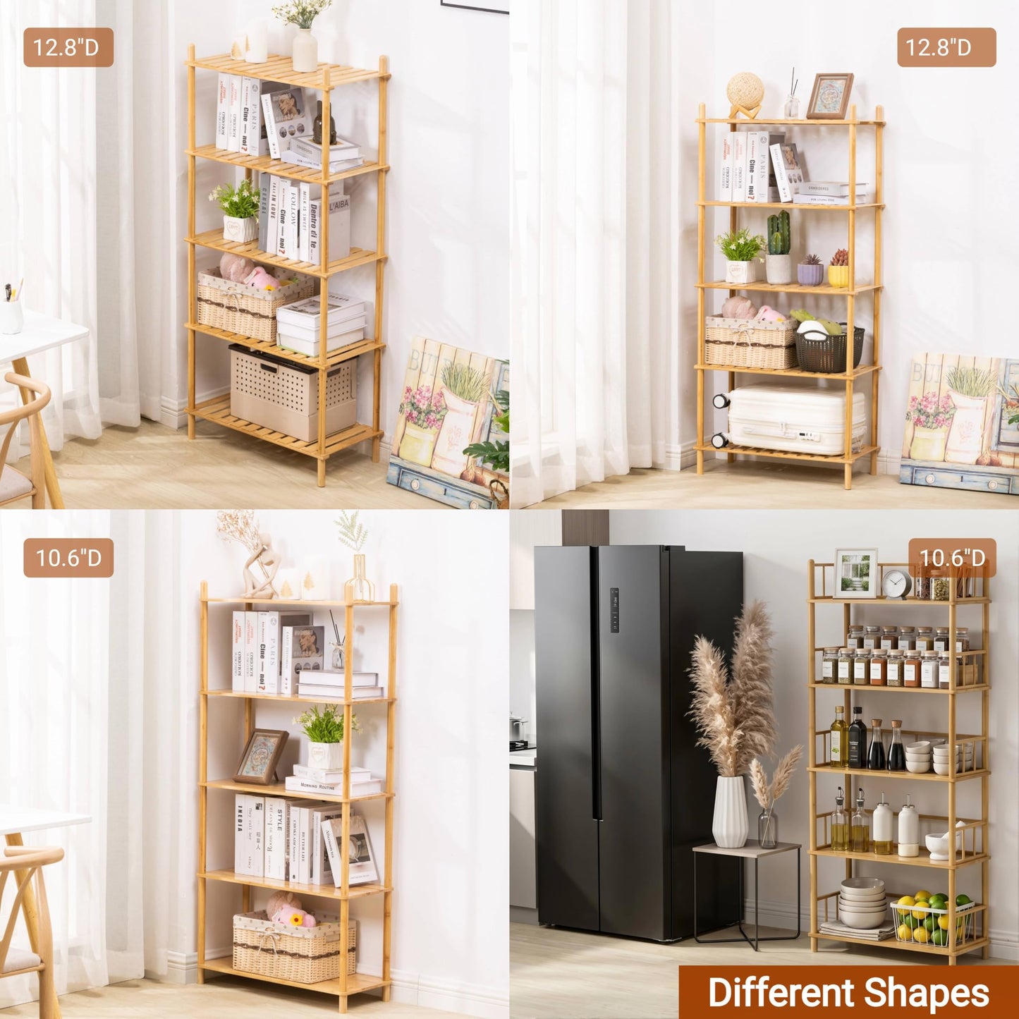 GOGOGO 4-Tier Expandable Bamboo Bookshelf - 150LBS Heavy-Duty, Tool-Free Assembly, Multifunctional Storage for Bathroom/Kitchen/Office Holder Plant Flower Stand (1, Natural, 4-Tier 12.8" D)