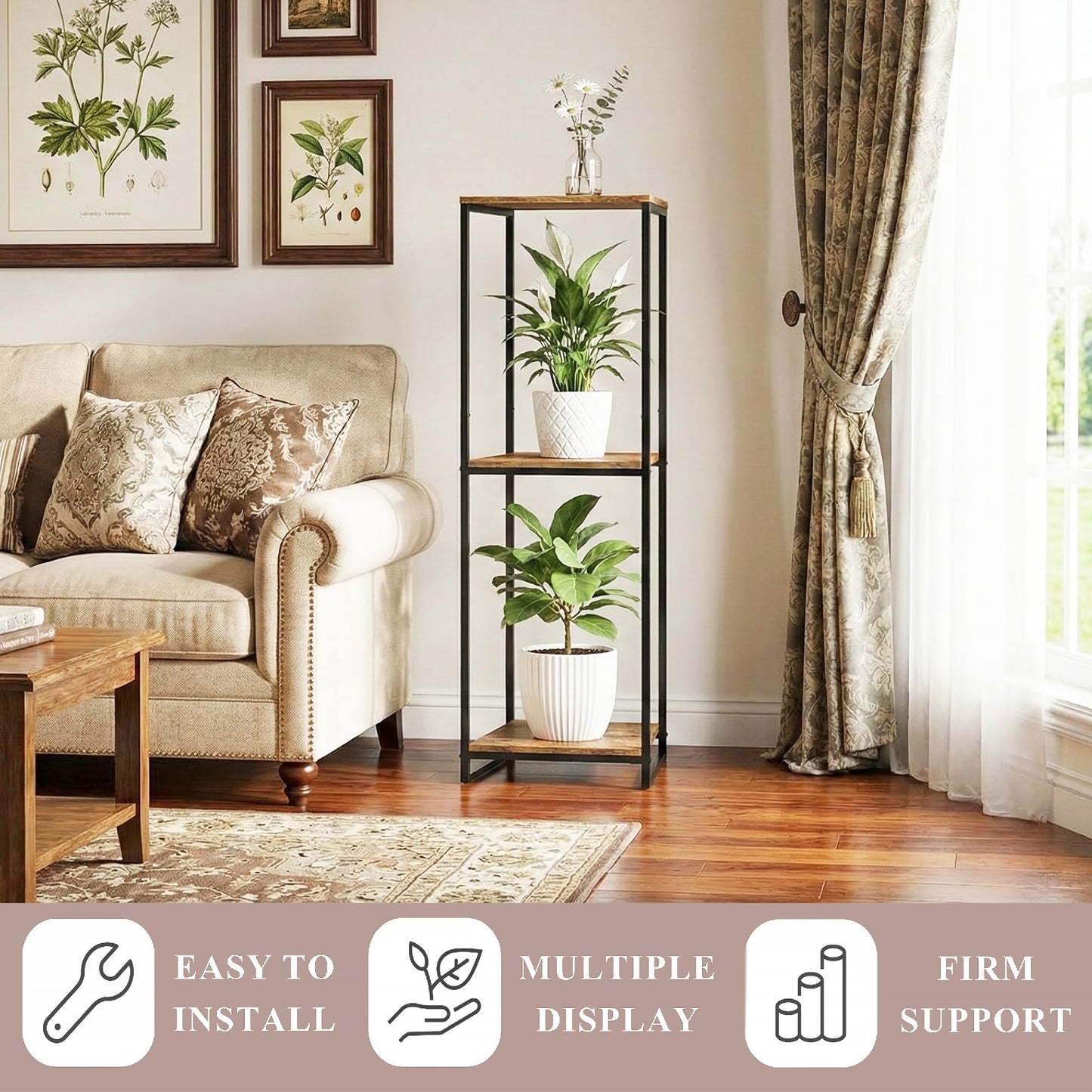 JEPRECO 46" Tall Plant Stand Indoor, 3-Tier Modern Plant Shelf, Corner Flower Pot Holder Organizer for Living Room Balcony Patio Garden (Rustic Brown)