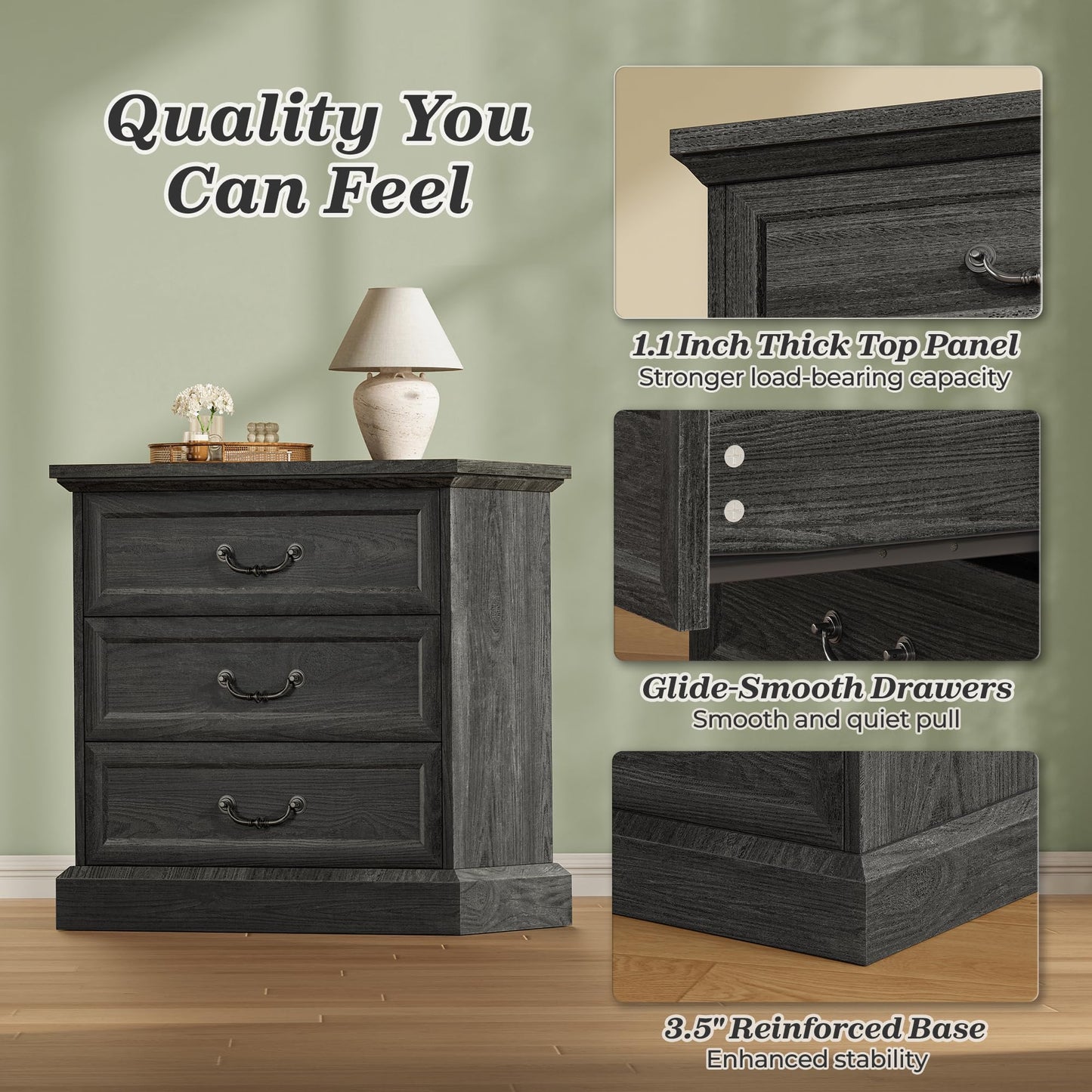 Huuger Nightstand with Charging Station, 3 Drawer Night Stand, 22 Inch Wider Side Table with Storage, Farmhouse Nightstand with Vintage Handles, Thicken Base, for Bedroom, Black