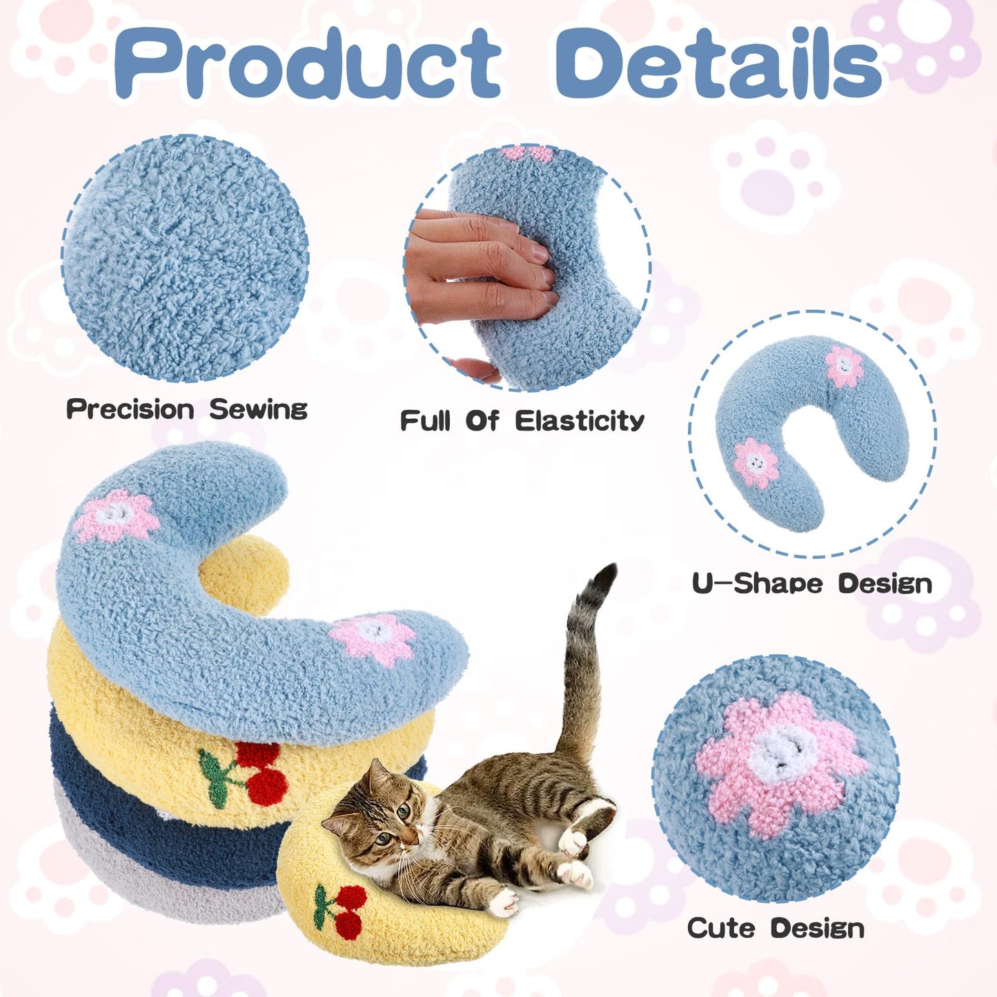 AojSup 4 Pcs Pillows for Cats Puppy Bed, Soft Fluffy Pet Calming Toy, Half Donut U Shaped Pet Neck Pillow, Training Toy Joint Relief Cervical Protection (4 Patterns)