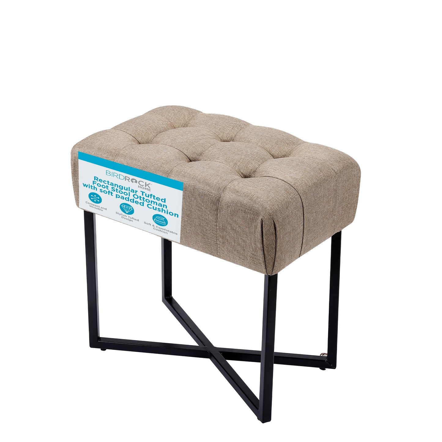 BIRDROCK HOME Rectangle Tufted Linen Ottoman Foot Rest - 19.7x11.82x17.73” Small Foot Stool with Legs - Padded Footrest Modern Ottomans for Living Room Furniture, Bedroom Footstool (Beige)