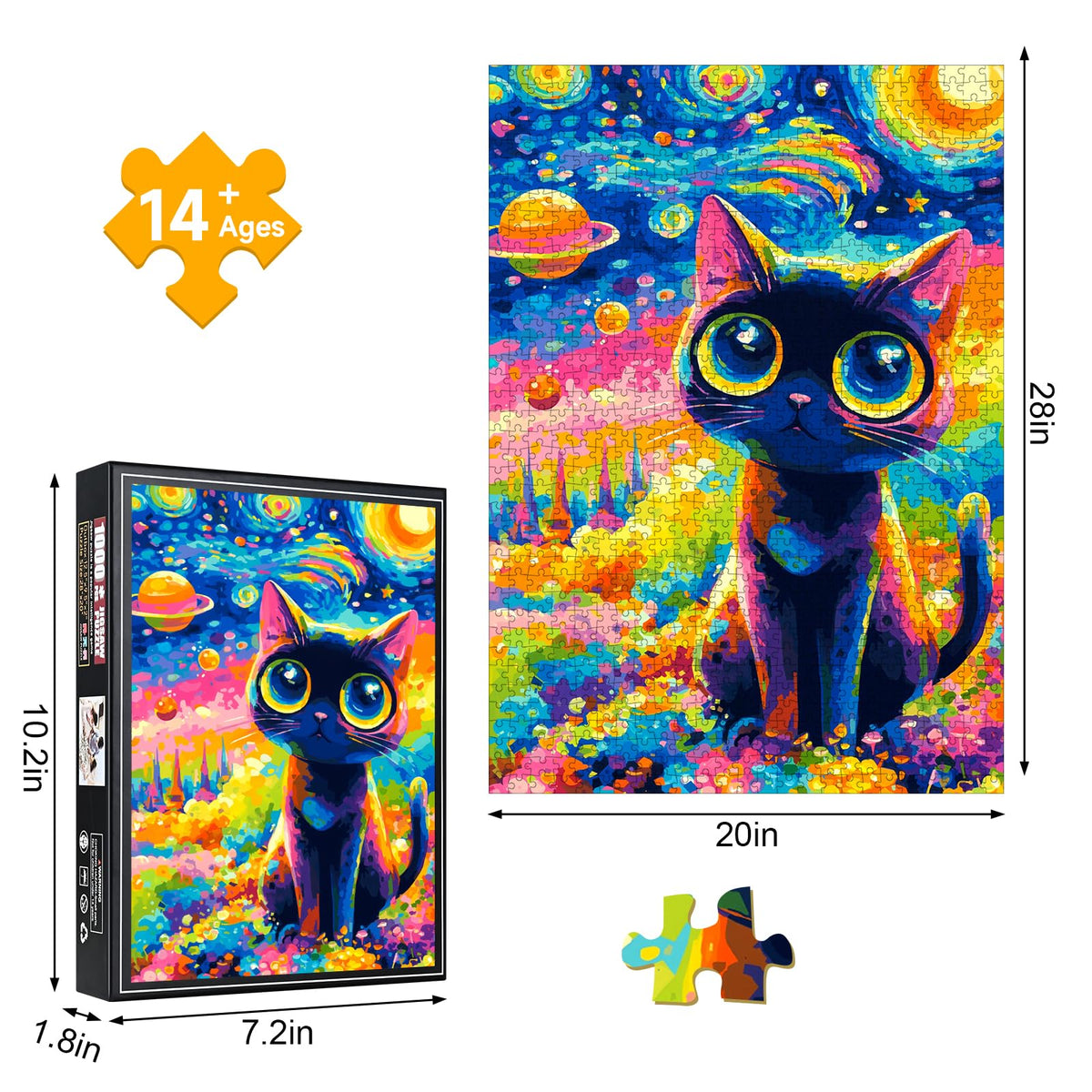 1000 Piece Jigsaw Puzzle for Adults, Vibrant Van Gogh-Inspired Starry Night Black Cat, Colorful Cosmic Space Art Puzzle with Planets & Stars, Stress Relief Puzzle for Cat Lovers