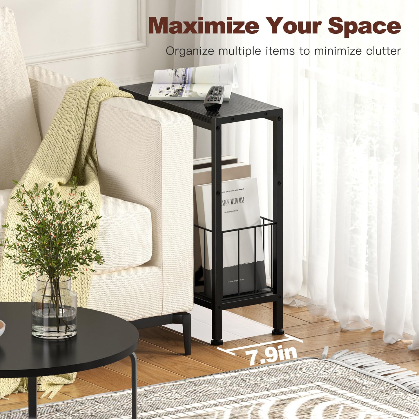 Lifenite Narrow Side Table, Skinny End Tables with Magazine Holder, Small Sofa Table for Small Spaces, Space-Saving Design, Slim Nightstand Bedside Table for Living Room, Bedroom, Office, Black