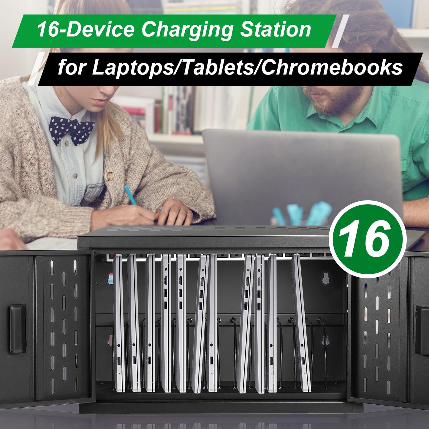 AQNIEGEP 16-Device Charging Station for Laptops/Tablets, Wall-Mount Charging Cabinet for Chromebooks/Laptop Computers, Laptop & Tablet Storage Carts for Classroom/Library/Office/Lockable, Black
