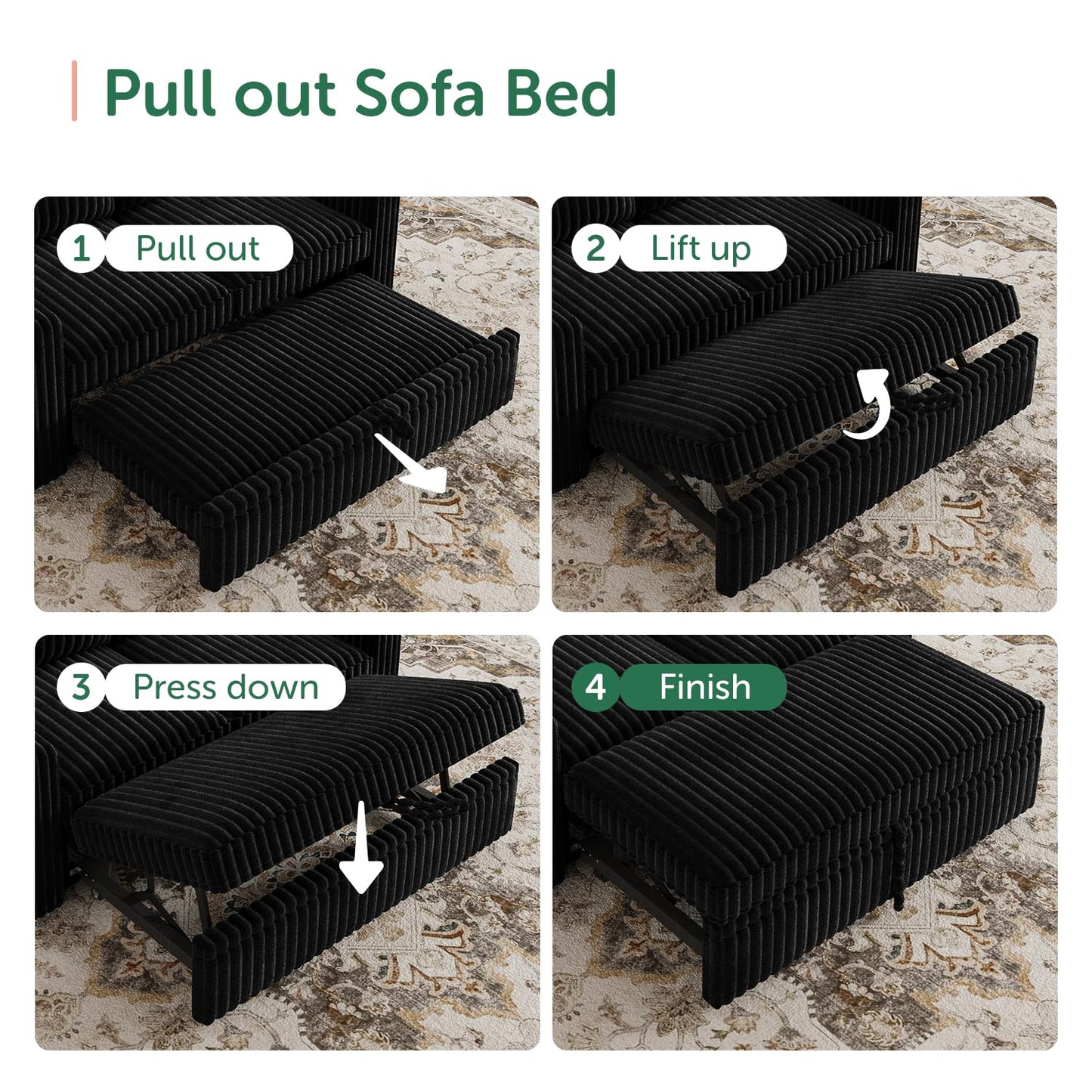 HONBAY Modular Pull Out Sofa Bed,Corduroy Loveseat, Couches for Living Room,Black