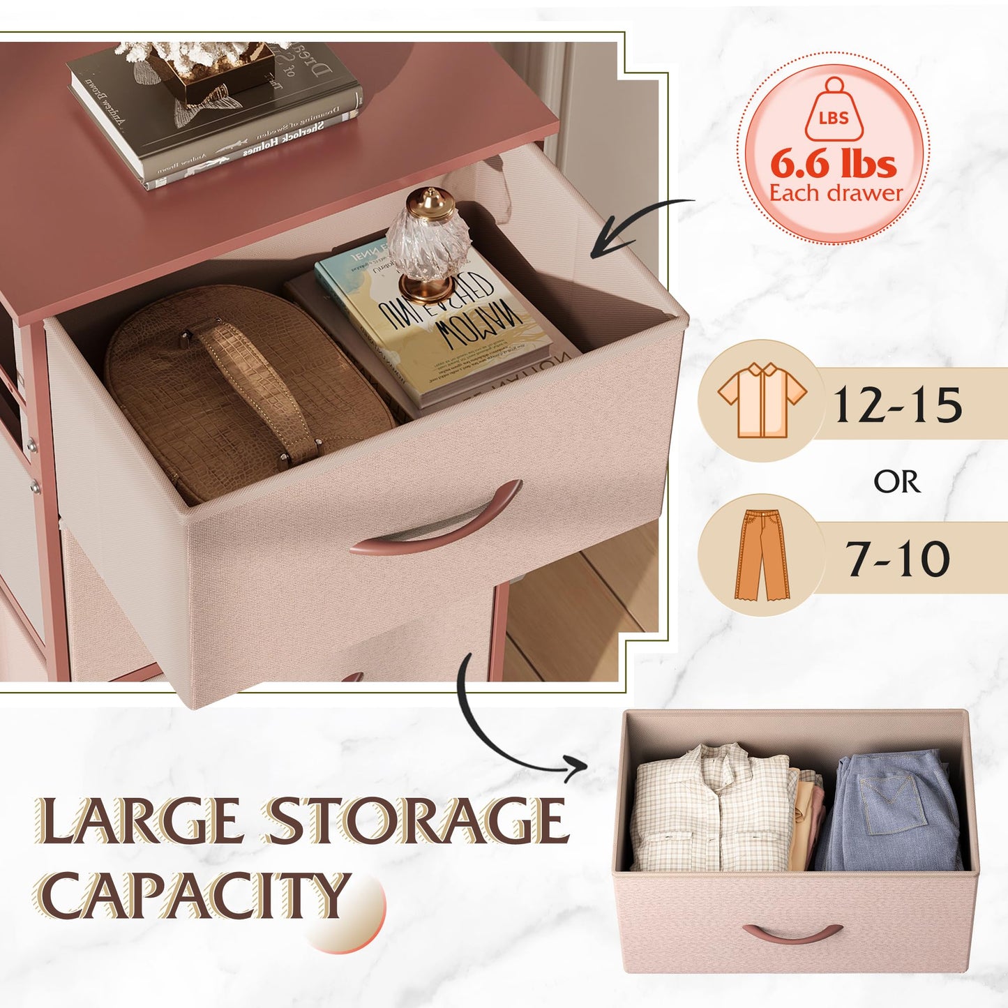 WLIVE 4 Drawers Dresser for Bedroom, Pink Rose Gold Fabric Clothes Storage Organizer Unit, Dresser for Hallway, Entryway, Closets, Sturdy Steel Frame, Wood Top