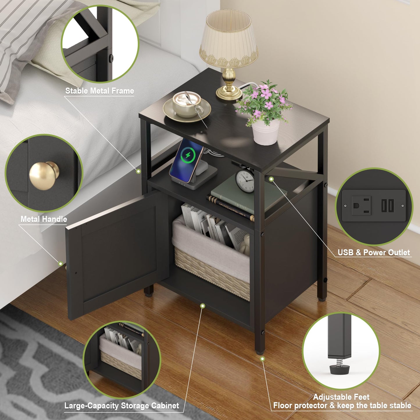 FUNHUKSON Farmhouse 3-Tier Side Table with USB Charging & Outlets Black