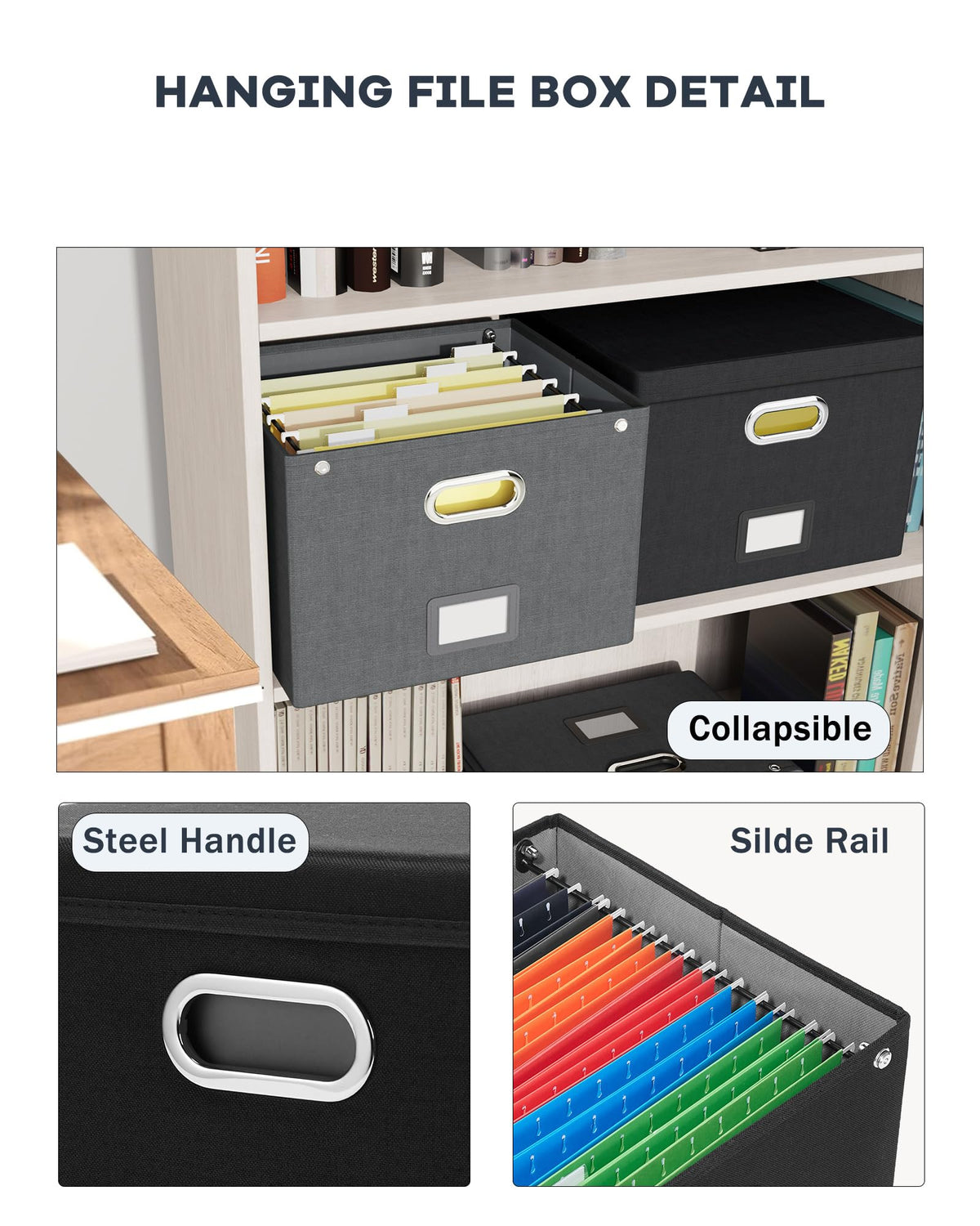 2 Pack File Organizer Box with Lid, Large Hanging Filing Box with Mesh Pocket, Document Organizer for Letter Files, Portable Storage Case for Office&Home (Black)