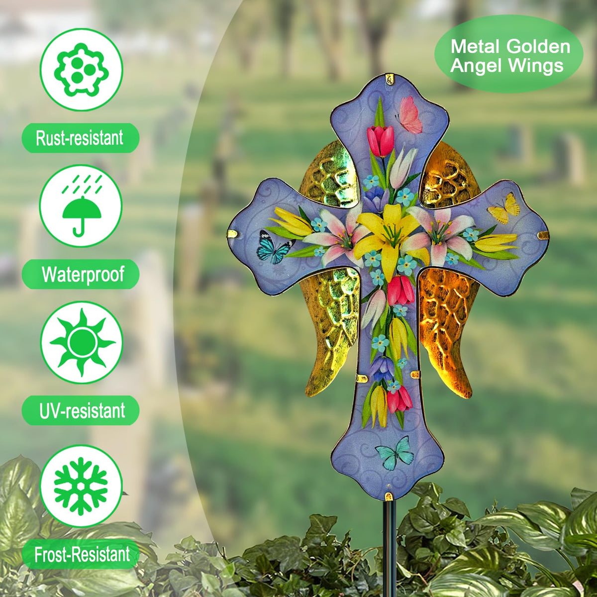 Solar Cross Garden Stakes for Graves,Lily Cemetery Decorations Yard Patio Decor,Golden Angel Wings Cross Lights Outdoor,Remembrance Gifts